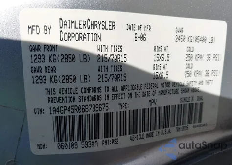 2006 Chrysler Town & Country from USA, damaged, VIN 1A4GP45R06B739675